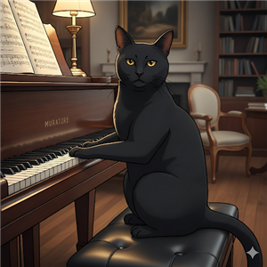 A black cat plays a piano with the name Muratore on it.